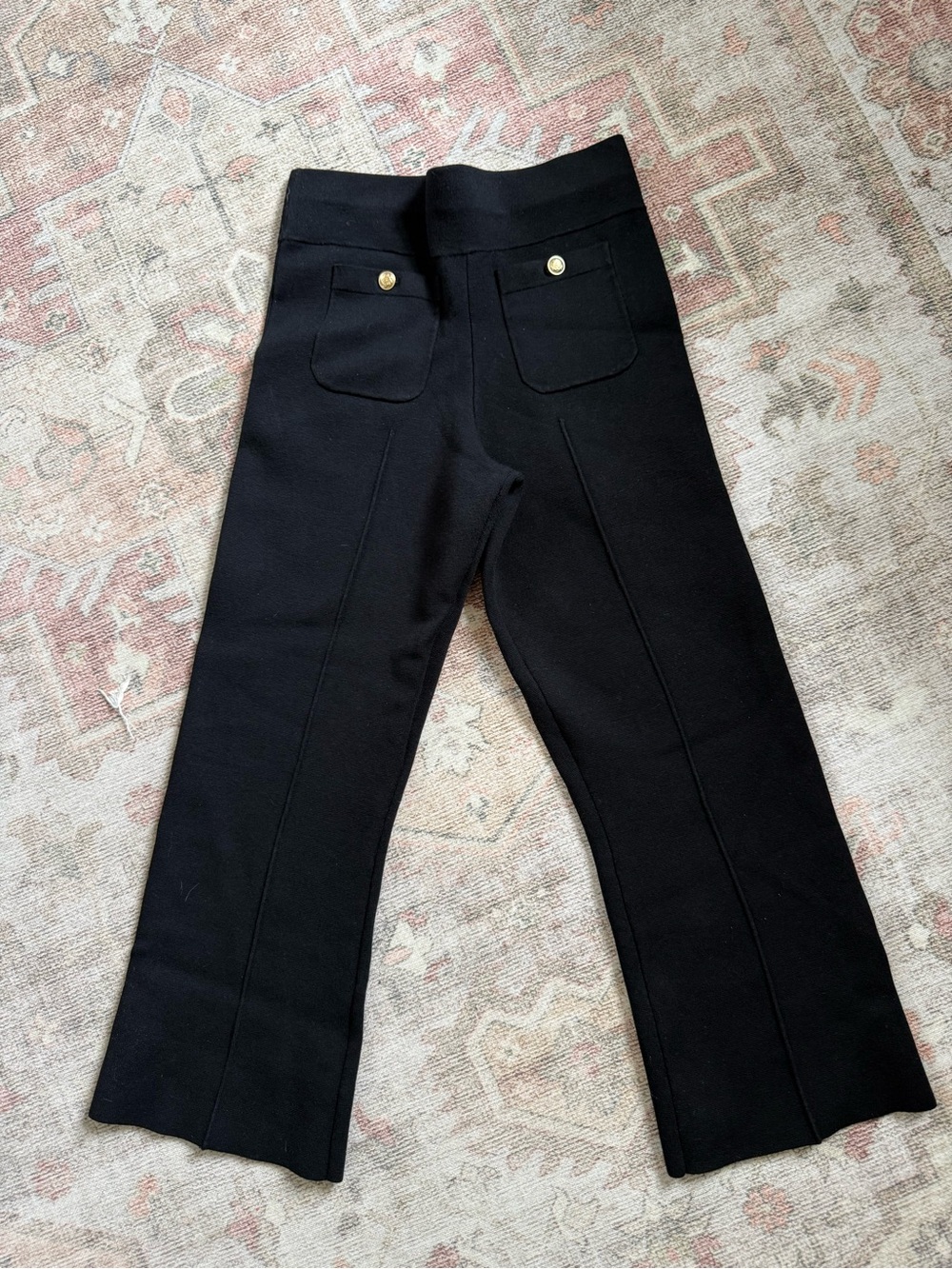 J. Crew Black Black Knit Cropped Flare Pants with Gold Buttons